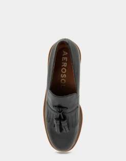Comfortable Women's Tasseled Platform Loafer in Black Leather Leather