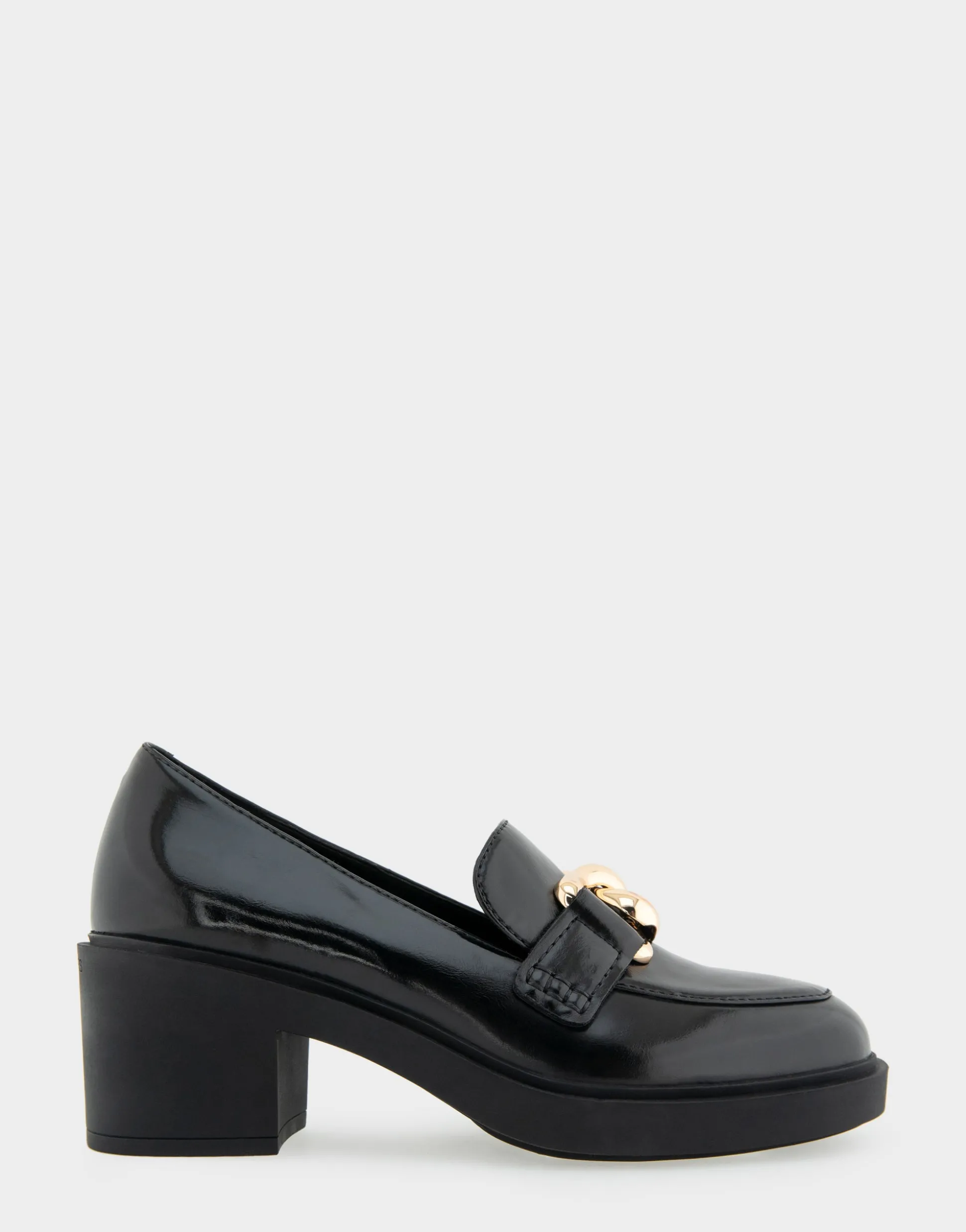 Comfortable Women's Textured Link Hardware Platform Loafer in Black Burnished Faux Leather Faux Leather