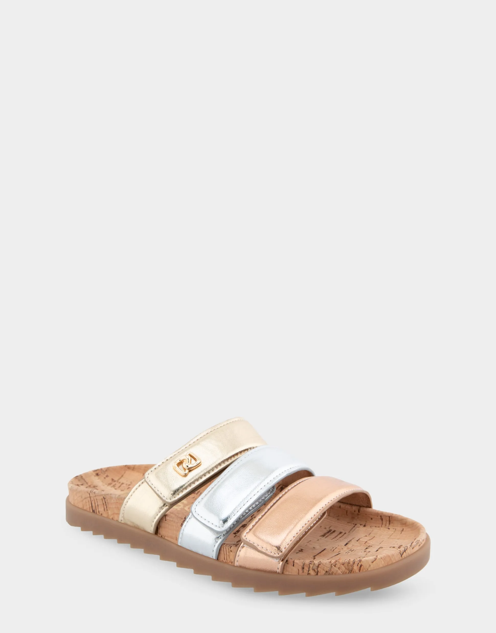 Comfortable Women's Three Band Footbed Sandal in Rose Gold Leather