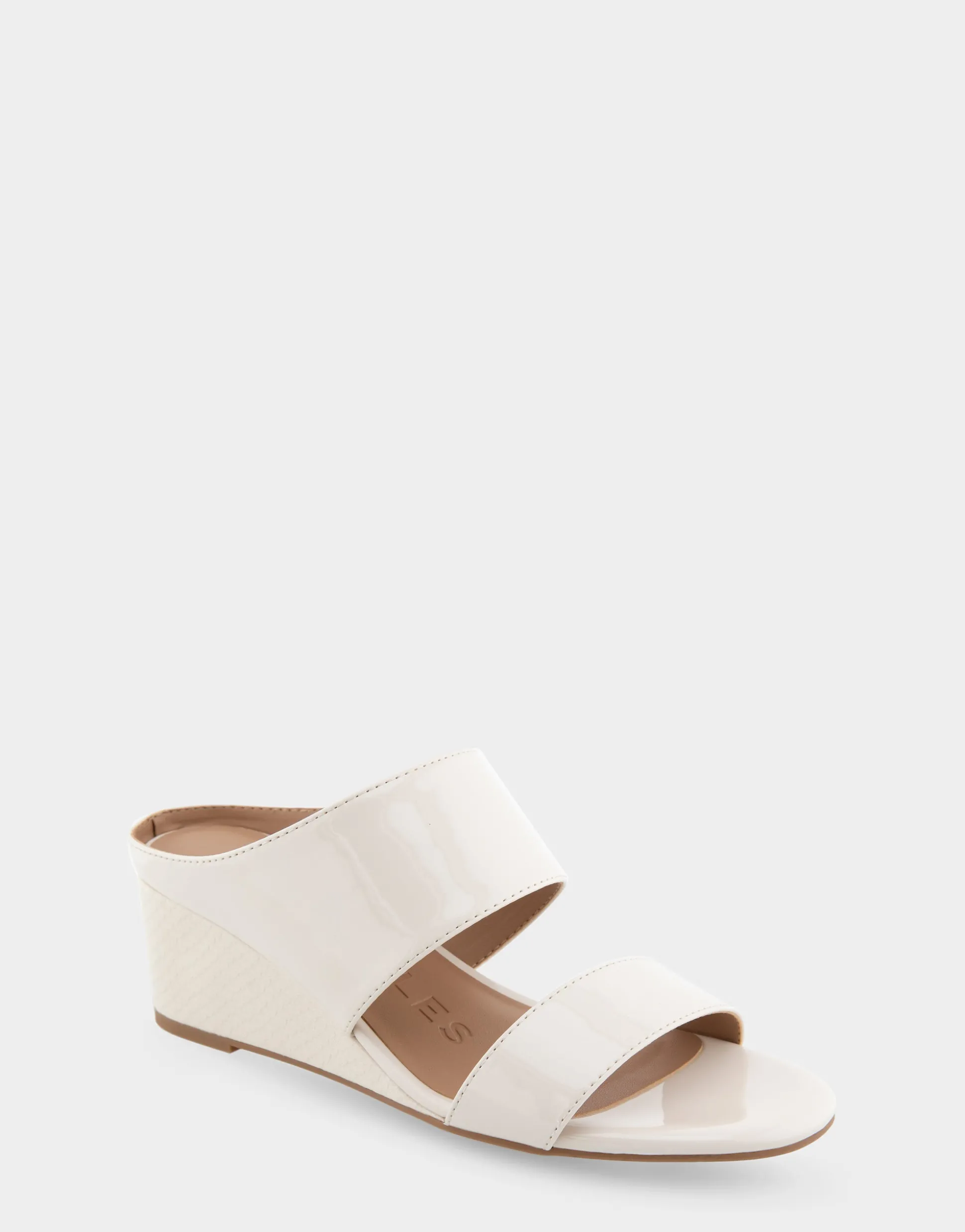 Comfortable Women's Two Band Mid Wedge Slide Sandal in Eggnog Patent Faux Leather