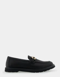 Comfortable Women's Ultralight Lug Loafer With Horsebit Detail in Black Pebbled Faux Leather Faux Leather