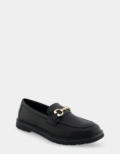 Comfortable Women's Ultralight Lug Loafer With Horsebit Detail in Black Pebbled Faux Leather Faux Leather