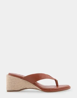 Comfortable Women's Wedge Thong Sandal in Gingerbread Faux Leather