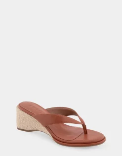 Comfortable Women's Wedge Thong Sandal in Gingerbread Faux Leather
