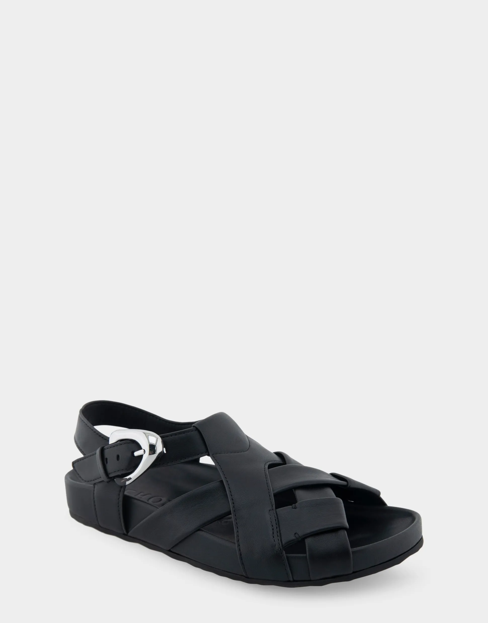 Comfortable Women's Woven Fisherman Footbed Sandal in Black Leather